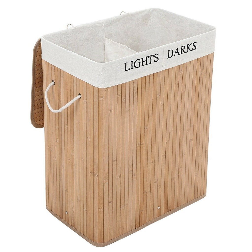 Panier à linge rectangulaire en bambou Homestyle pro + texte 52x32x63 cm blanc naturel