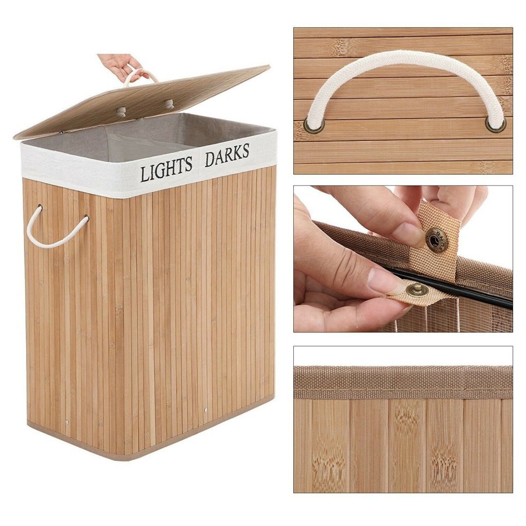 Panier à linge rectangulaire en bambou Homestyle pro + texte 52x32x63 cm blanc naturel
