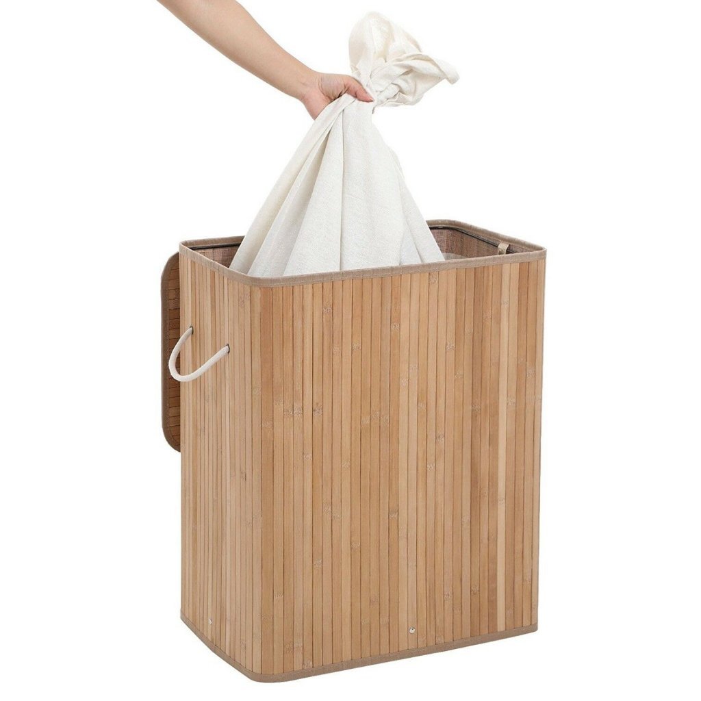 Panier à linge rectangulaire en bambou Homestyle pro + texte 52x32x63 cm blanc naturel
