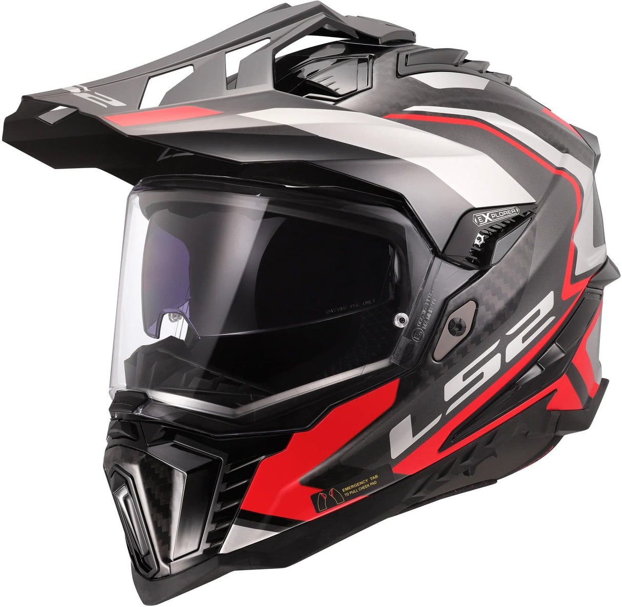Casque enduro Ls2 mx701 explorer carbon frontier ii, pare-soleil interne, amovible, lavable, hypoallergénique et respirant, mentonnière renforcée, coussinets de joues de sauvetage, casque double doublure en D mx701 expl. car.fr.ii m rouge noir