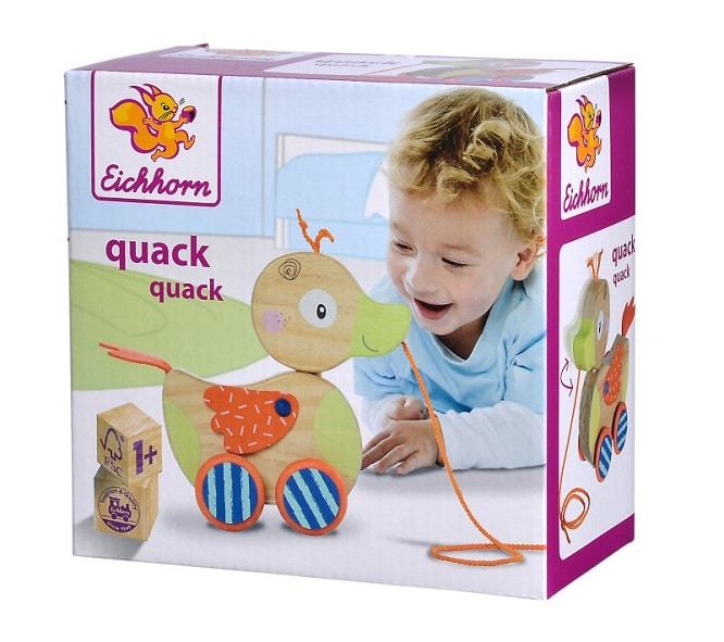 Canard à tirer en bois Jonotoys Eicherhorn Quack sur ficelle avec tête mobile.