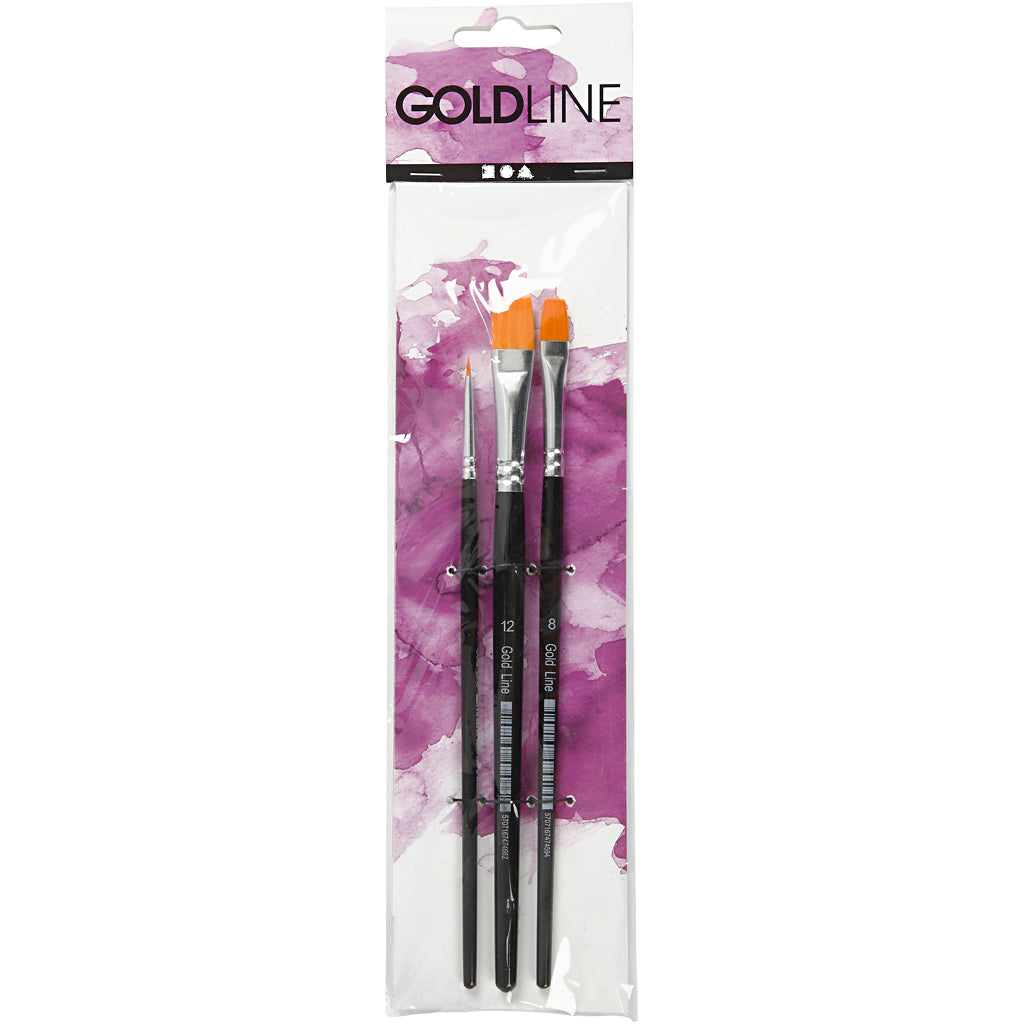 Pinceaux Creativ company gold line, taille 2+8+12, l: 16,5-19 cm, l: 3-12 mm, plats, 3 pièces 1 boîte