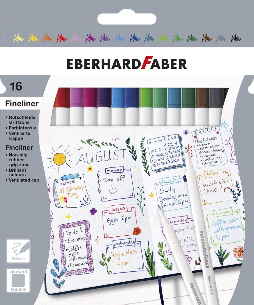 Feutres fins Eberhard Faber - 16 pièces - 0,4 mm - étui en carton - ef-551516