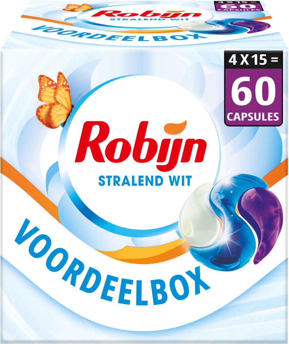 Robijn wasmiddel - 3-in-1 wascapsules - stralend wit - 4 x 15 stuks - 60 wasbeurten - voordeelverpakking