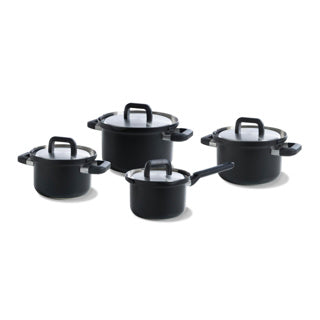 Bk flow cool black set de poêles 4 pièces - 16 18 20 cm - sans revêtement antiadhésif sans PFA - set de poêles à induction - poêle de cuisson en acier inoxydable - passe au four jusqu'à 160°c - avec couvercle - argent