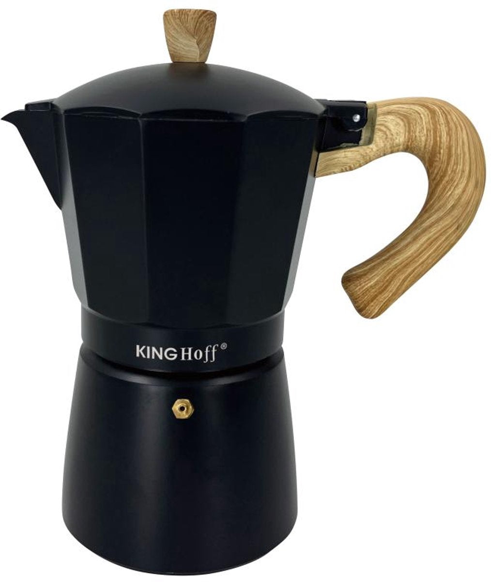 Machine à expresso en aluminium Kinghoff kh-1888 - 12 tasses - noir avec manche en bois - convient pour induction - 600 ml - percolateur