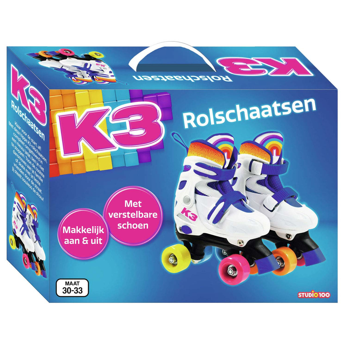 K3 - patins à roulettes - taille 30 33 - réglable en 4 tailles - avec butée - blanc - arc-en-ciel - avec roues en 4 couleurs