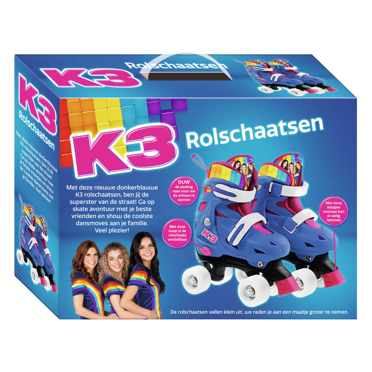 K3 - patins à roulettes - taille 34 37 - réglable en 4 tailles - avec butée - blanc - arc-en-ciel - avec roues en 4 couleurs