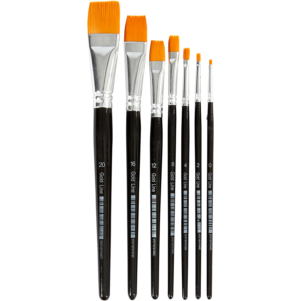 Pinceaux Creativ company gold line, taille 0+2+4+8+12+16+20, l: 16,5-21 cm, l: 1-7 mm, plats, 7 pièces 1 boîte