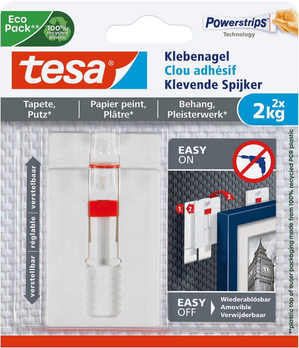 Clou réglable Tesa pour enduit à papier peint 2 kg - 2 pièces - clou mural - amovible