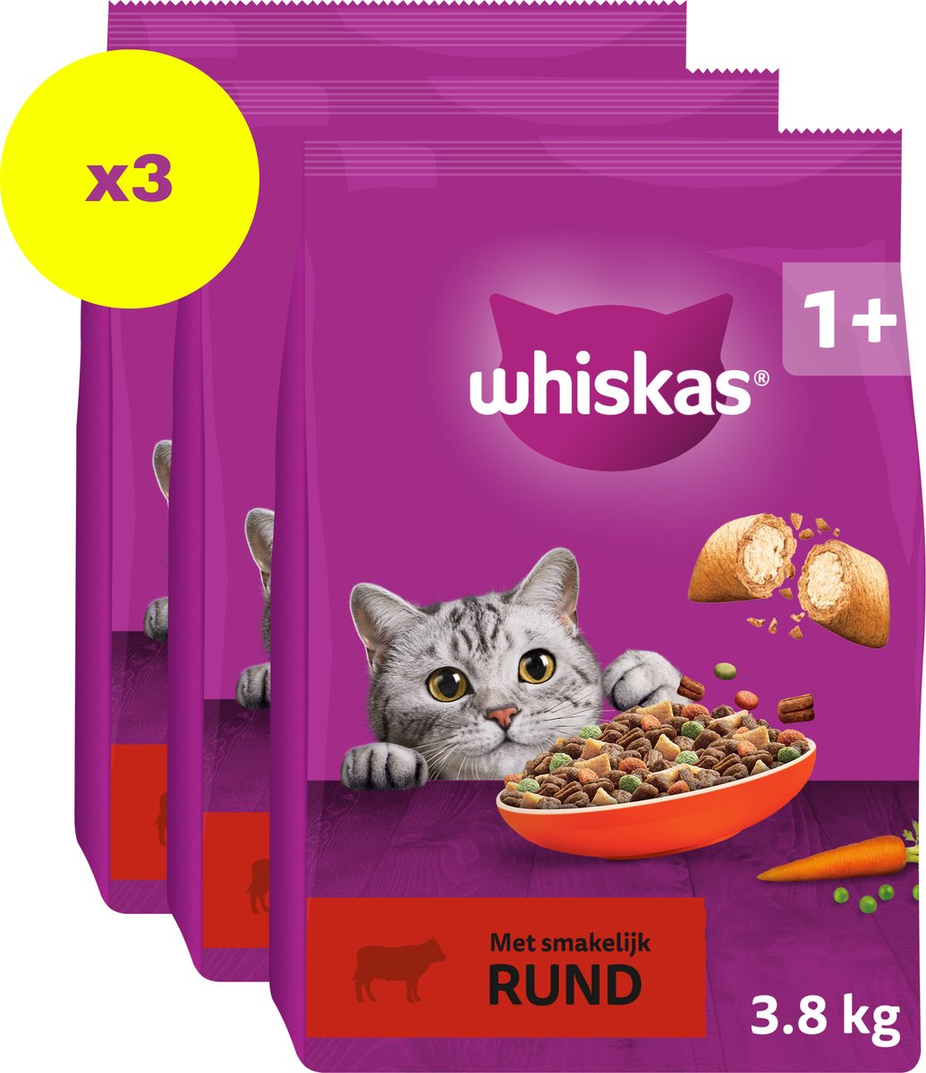 Nourriture pour chat Whiskas - adulte 1+ bœuf - sac 3x3,8kg