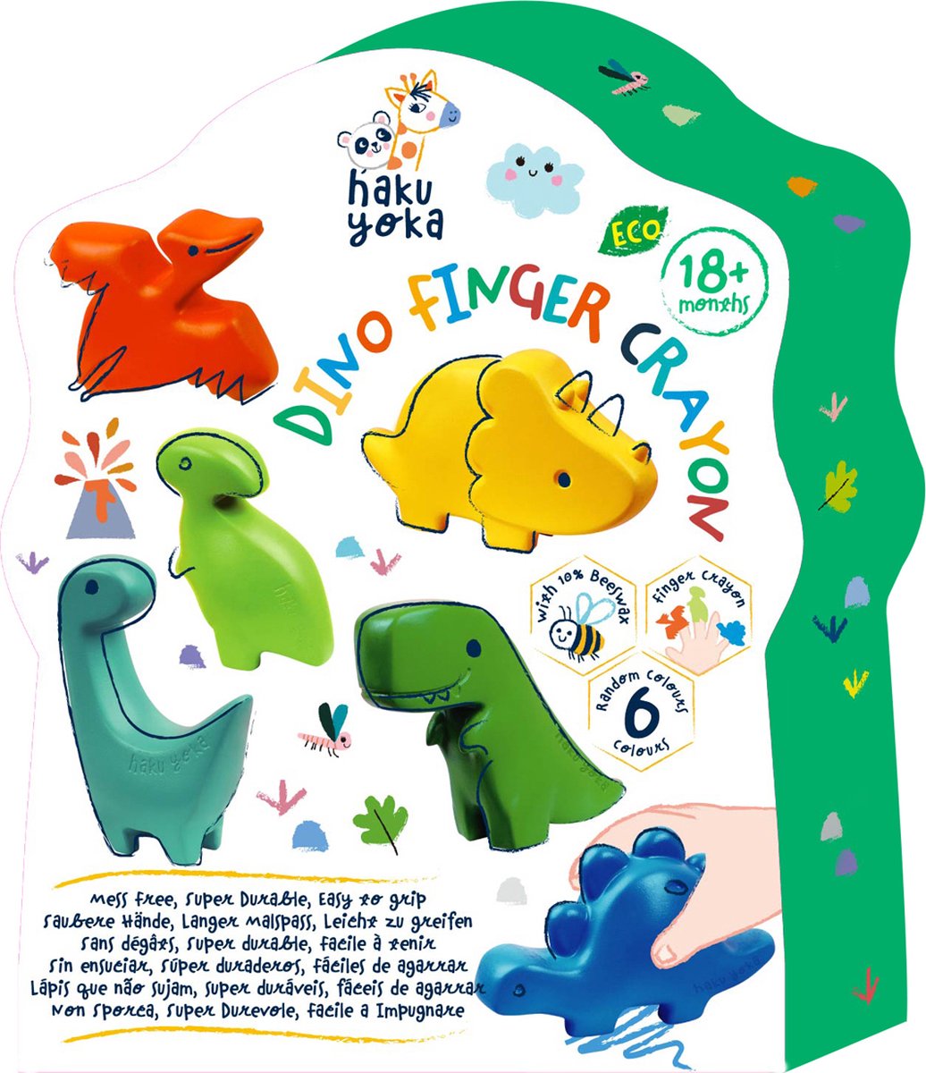 Crayons de cire Haku yoka dinosaure - 6 pièces - contient 10% de cire d'abeille - marionnettes à doigts - 18 mois