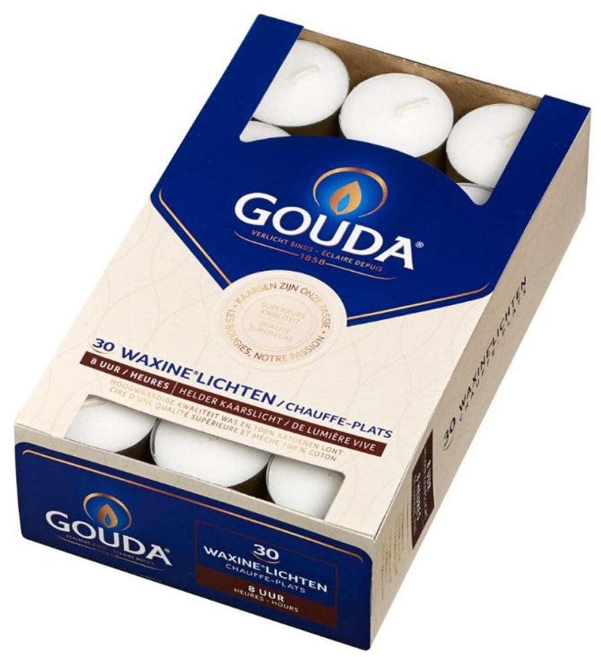 Bougies chauffe-plat Gouda 30 pièces, 8 heures de combustion, blanc