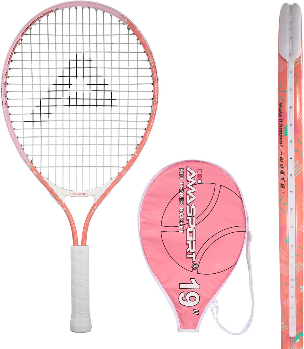 Raquette de tennis enfant Ama sport rose 19 pouces - raquette junior légère avec sac - idéale pour les débutants -