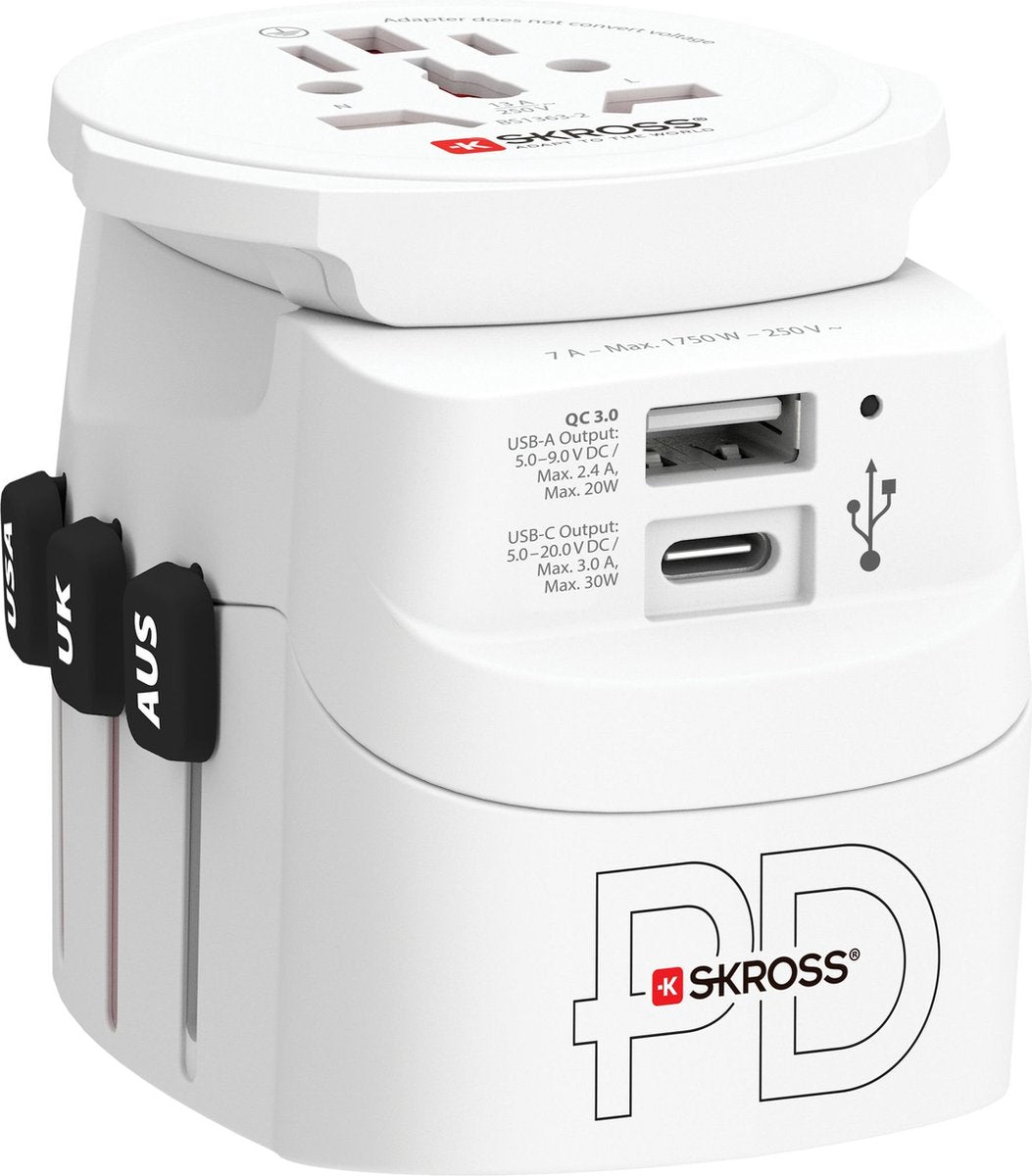 Skross - adaptateur de voyage mondial pro light avec fiches de terre (non suisses et italiennes) + 1 connexion USB + 1 Type-C