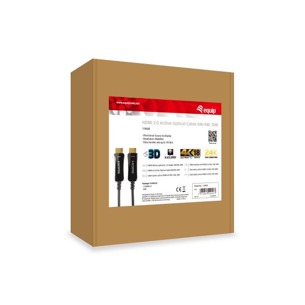 Equip 119430 câble optique actif hdmi 2.0, hdmi type a -> hdmi type a 3d, 18 gbit s, 30m, noir