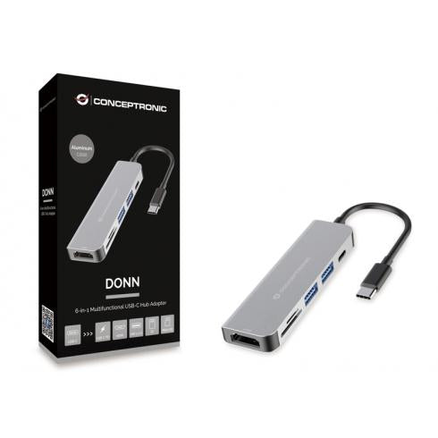 Adaptateur hub USB multifonction Conceptronic donn02g 6-en-1, USB 3.2 gen 1 type-c, HDMI, 5 Gbps, aluminium