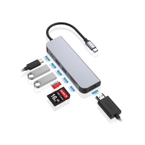 Adaptateur hub USB multifonction Conceptronic donn02g 6-en-1, USB 3.2 gen 1 type-c, HDMI, 5 Gbps, aluminium