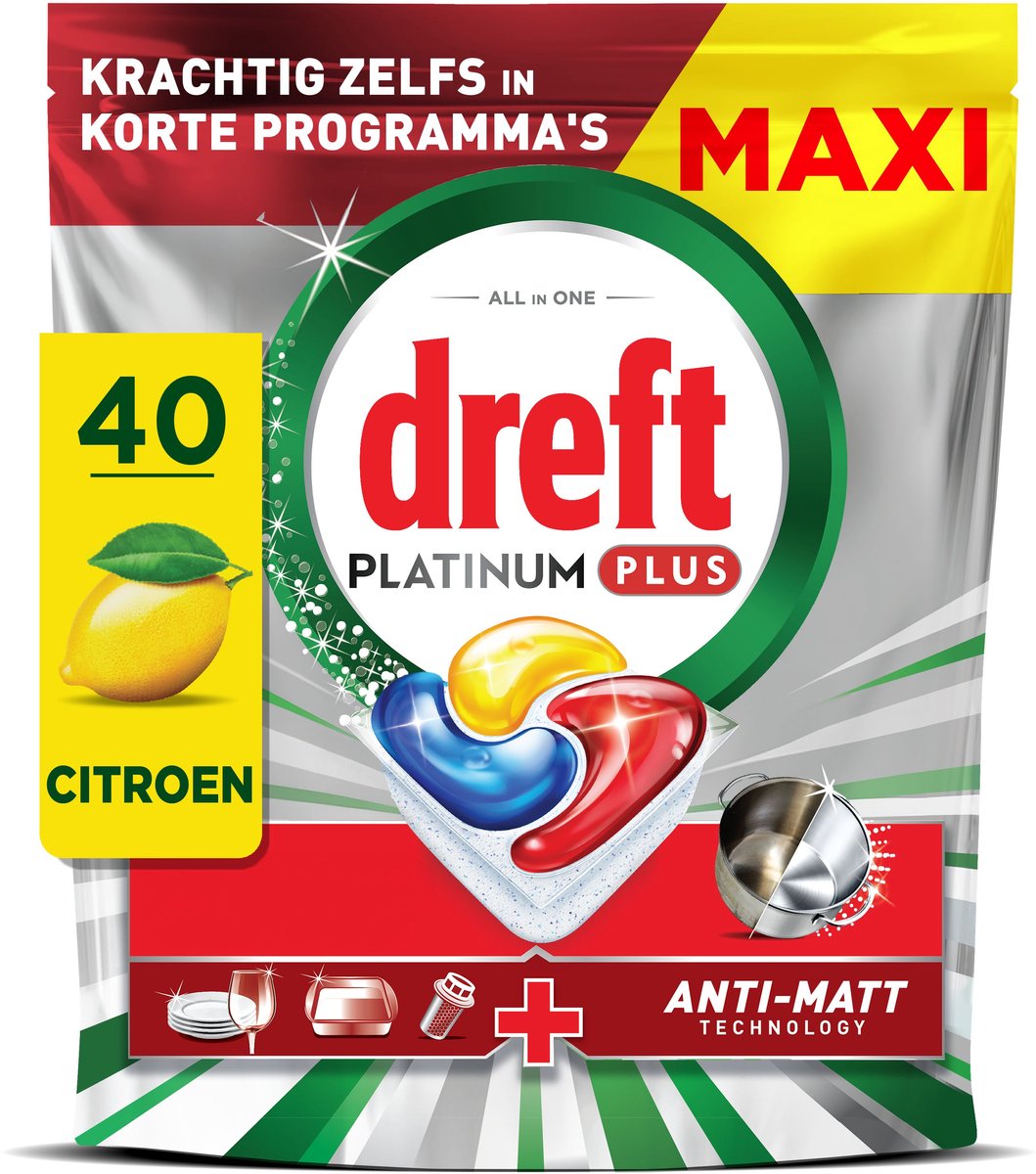 Tablettes pour lave-vaisselle Dreft Platinum Plus Lemon - Technologie anti-terne - 40 pièces