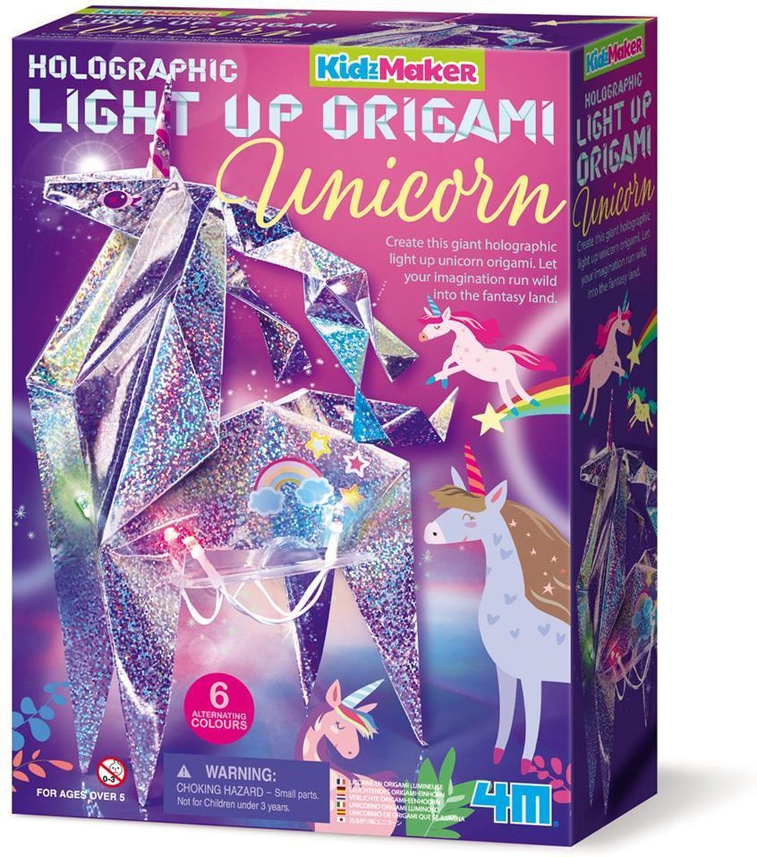 Kidzmaker 4m : lampe licorne origami 30 cm, instructions détaillées incluses, fonctionne avec 2 piles AA de 1,5 V (non incluses), boîte 18x25x6,5 cm, 5+