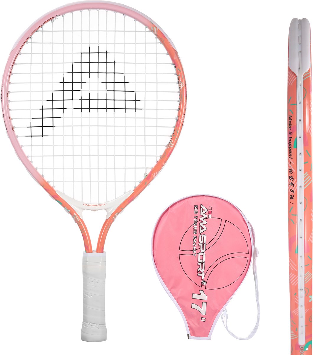 Raquette de tennis enfant Ama sport rose 17 pouces - raquette junior légère avec sac - idéale pour les débutants -