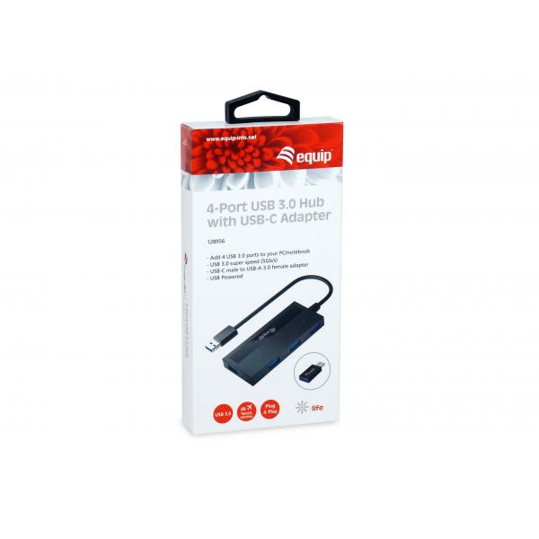 Equip 128956 Hub USB 3.0 à 4 ports avec adaptateur USB-C, USB 3.2 gen 1 type-a, 5 000 mbits, noir