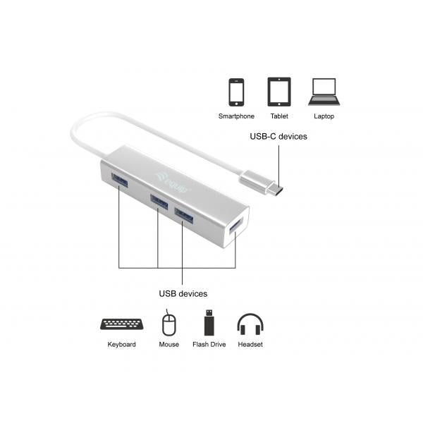 Equip 128958 Hubs USB-C vers 4 ports USB 3.0, USB 3.2 gen 1 type-c, type-a, 5000 mbit s, argent
