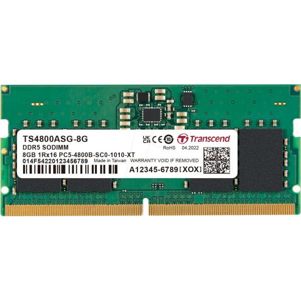Transcend jm4800asg-8g jetram ddr5, 8 go, so-dimm, 4800 mhz, 1rx16, 1gx16, cl40, 1.1v