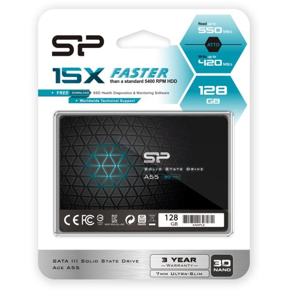 Silicon power sp128gbss3a55s25 ace a55 ssd, 128 go, 7 mm 2,5 pouces, sata3, 3d nand, cache slc