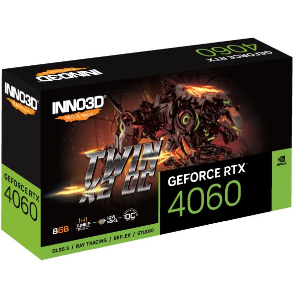 Inno3d inno3d n40602-08d6x-173051n geforce rtx 4060 twin x2 oc, 8 Go GDDR6, 128 bits, 2490, 17 Go/s, 3xDP+HDMI