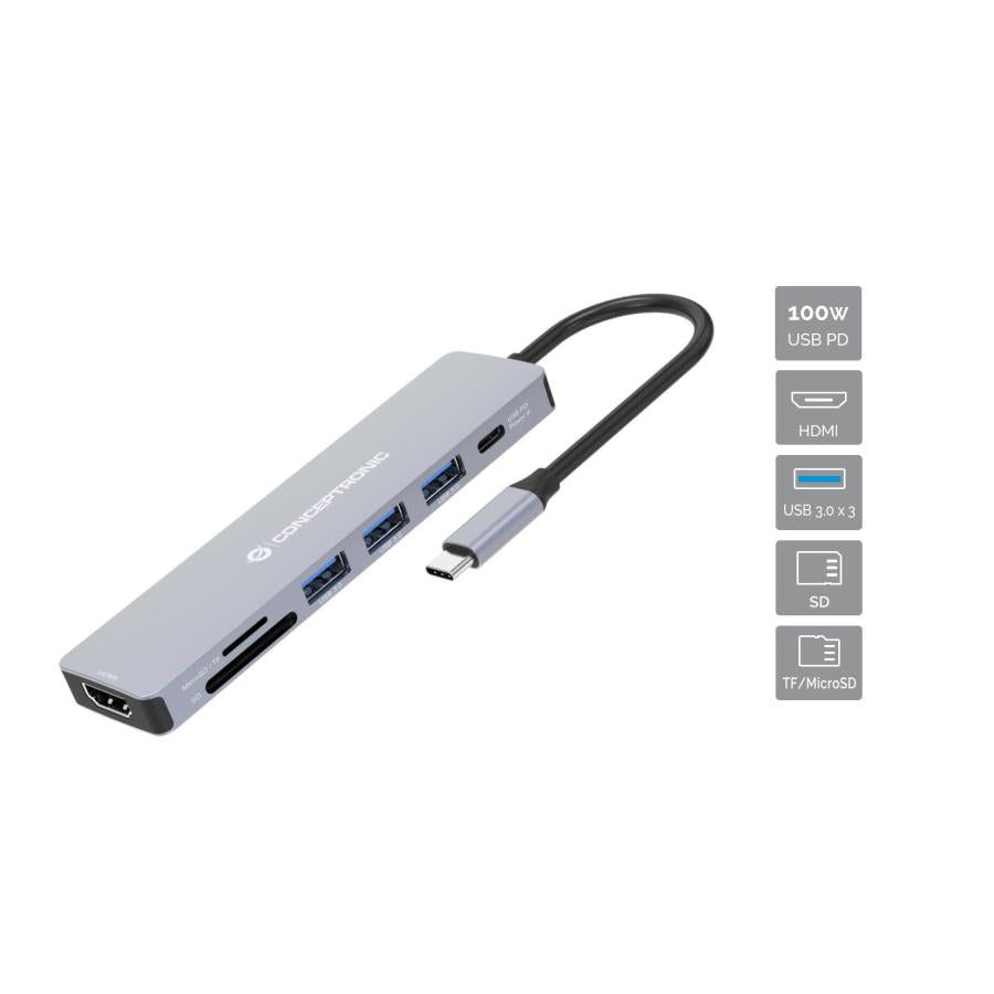Station d'accueil Conceptronic donn19g 7-en-1 USB 3.2 gen 1, HDMI, USB-A 3.0 x 3, SD, TF microSD, 100 W