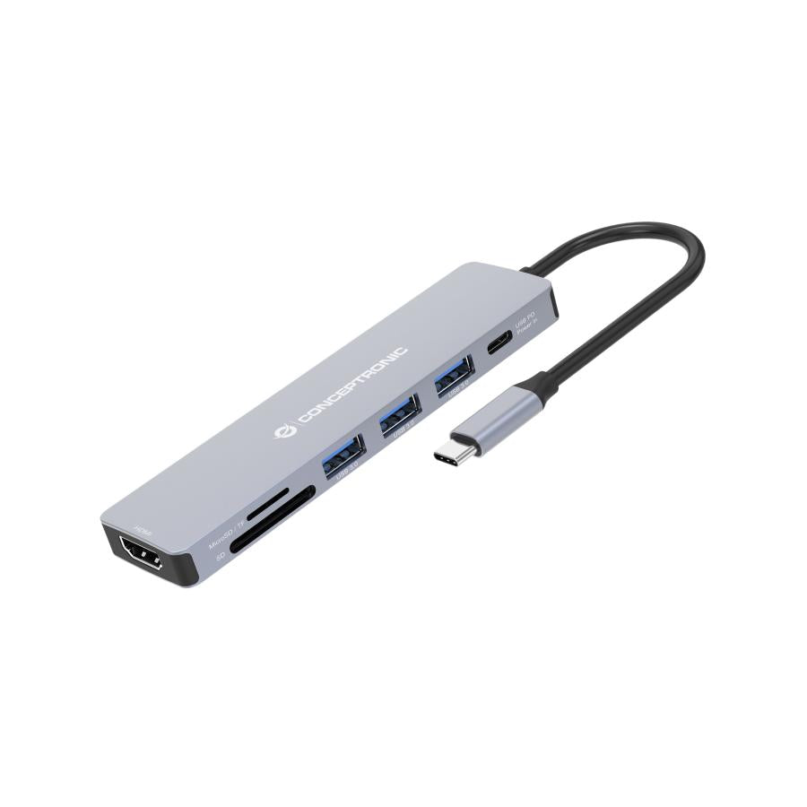 Station d'accueil Conceptronic donn19g 7-en-1 USB 3.2 gen 1, HDMI, USB-A 3.0 x 3, SD, TF microSD, 100 W