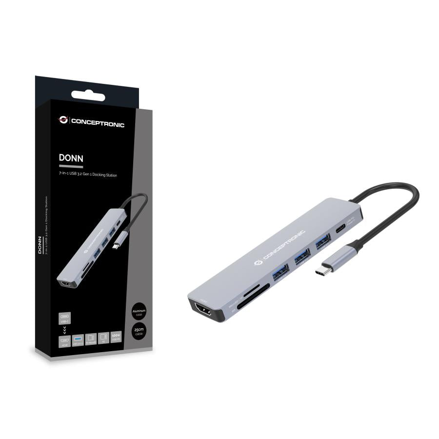 Station d'accueil Conceptronic donn19g 7-en-1 USB 3.2 gen 1, HDMI, USB-A 3.0 x 3, SD, TF microSD, 100 W