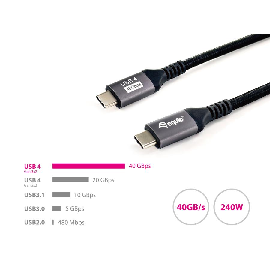 Equip 128383 câble usb 4 gen 3 c à c, m m, pd3.1 240w, 8k 60hz, 40gbps, usb c, usb4 gen 3x2, 2 m