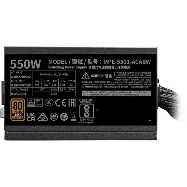 Cooler master mpe-5501-acabw-3beu mwe bronze v3 psu, atx, 550w, ventilateur hdb silencieux