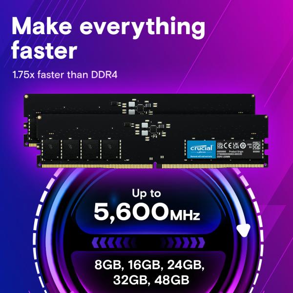 Crucial ct8g56c46u5 dimm, 8 Go, ddr5 5600 MHz, PC5-44800, sans tampon