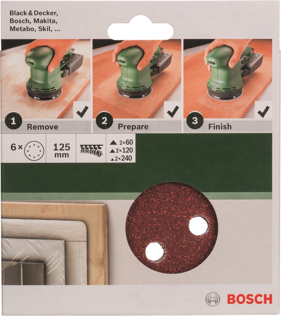 Jeu de 6 feuilles abrasives Bosch pour ponceuses excentriques 125 mm - grain 60 ; 120 ; 240