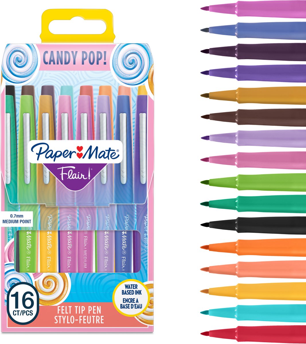 Feutres Paper Mate | pointe moyenne (0,7 mm) | bonbons pop et différentes couleurs | 16 pièces