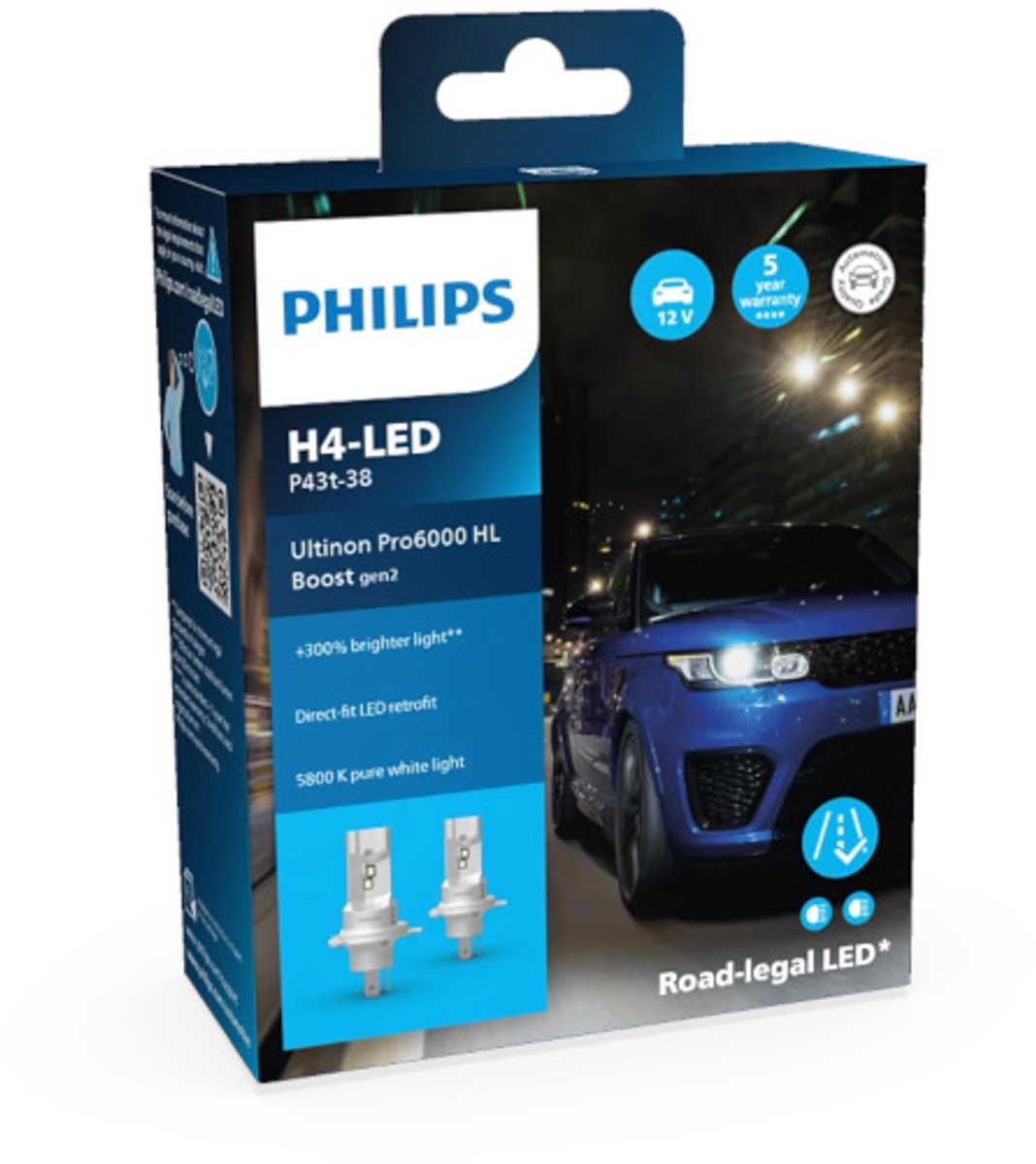Lampe frontale Philips Ultinon Pro6000 Booster. jeu de lampes 12v h4 led g2 ultinon pro6000