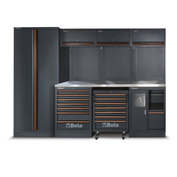 Outils d'ameublement d'atelier Beta c45pro 2.0 x (plan de travail en MDF revêtu d'acier inoxydable) avec jeu d'outils gratuit de 268 pièces