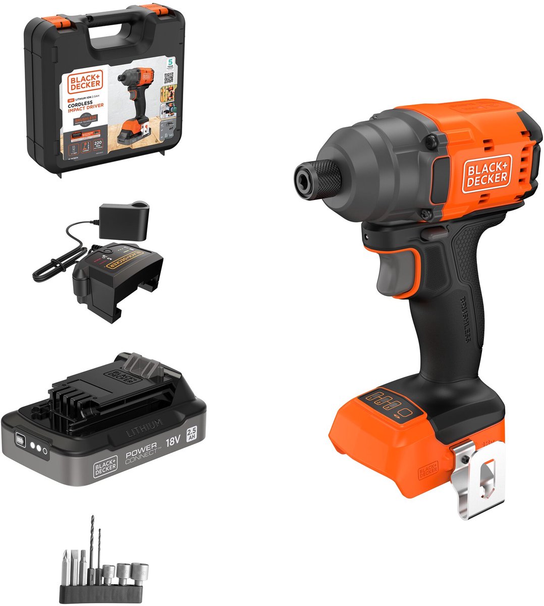 Visseuse à percussion sans balais Black+decker 18 V avec embouts dans un étui comprenant une batterie de 2,5 Ah et un chargeur - blim78e1k-qw