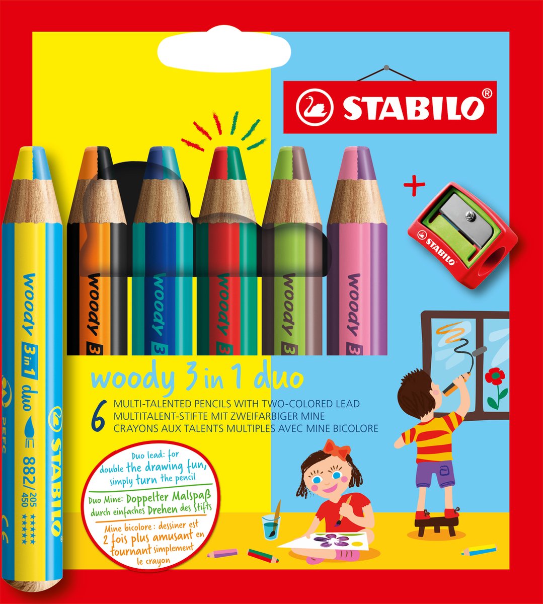 Stabilo woody duo 3 en 1 - crayons de couleur multi talents - étui avec taille-crayon 6 couleurs