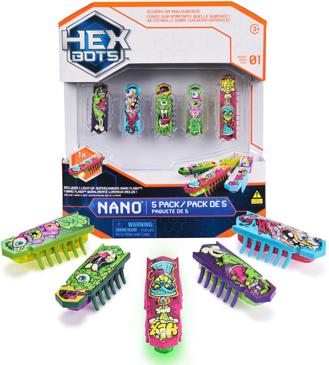 Hex bots nano 5 pack, 4 nano robots avec nano flash supplémentaire, jouets sensoriels pour enfants et chats avec technologie de vibration, jouets insectes et mini robots