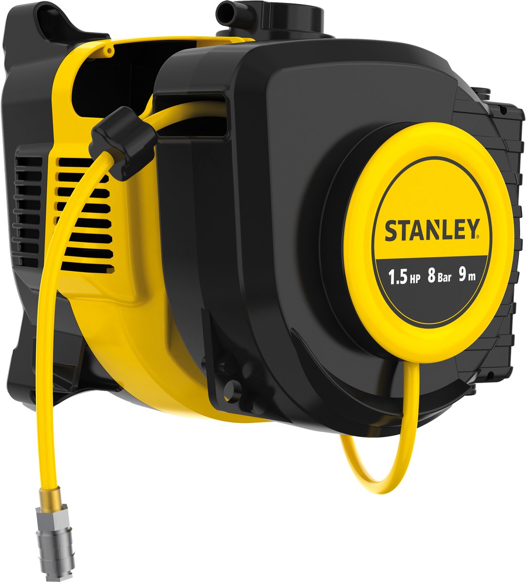 Compresseur Stanley, compresseur d'air sans huile avec enrouleur de câble auto-rétractable, montage mural, 1,5 CV, 8 bar, sans réservoir