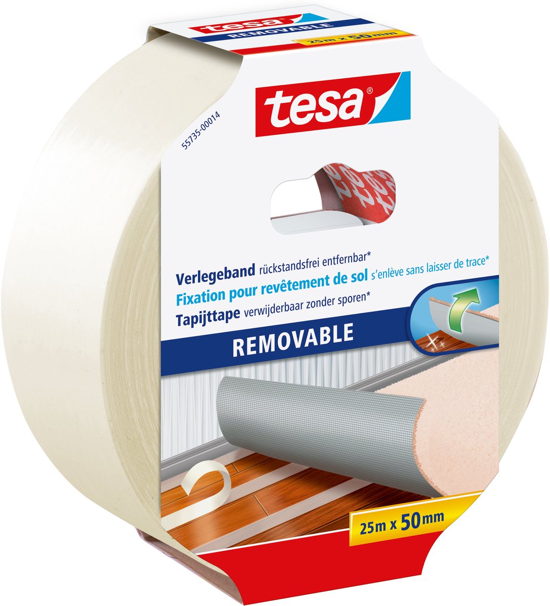 Ruban de pose Tesa double face renforcé de tissu, amovible sans laisser de résidus - 25 m x 50 mm
