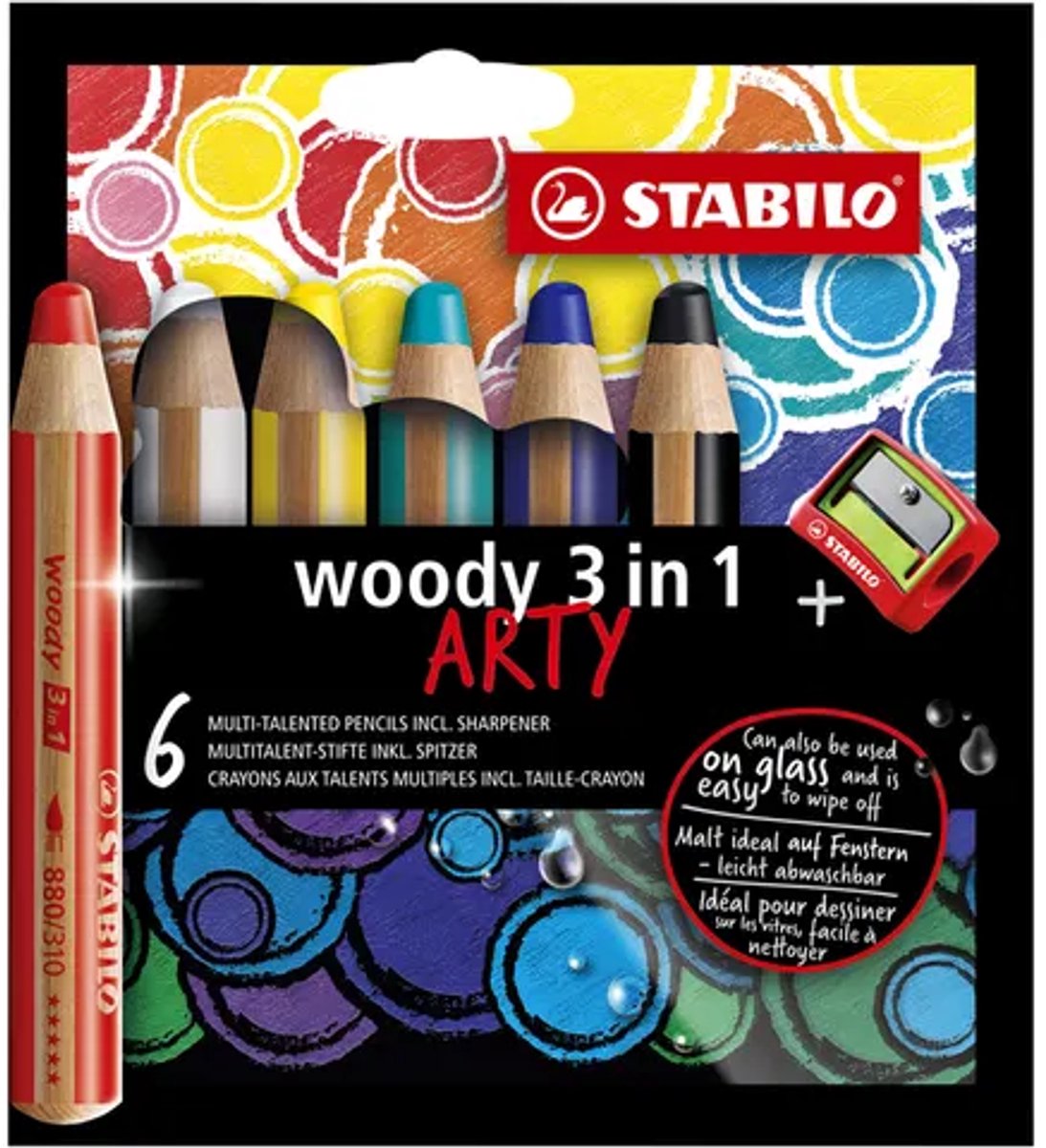 Stabilo Woody 3 en 1 - crayon de couleur aux multiples talents - arty - lot de 6 pcs. + taille-crayon