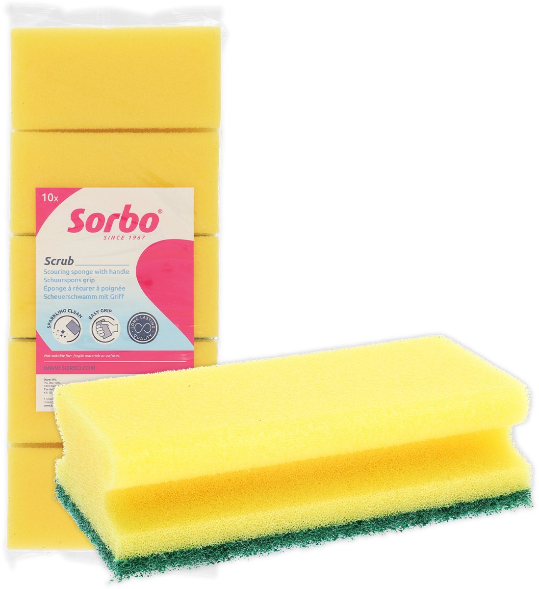 Éponge à récurer Sorbo avec manche - 10 pièces - éponge de nettoyage pour graisse, saleté et calcaire - viscose
