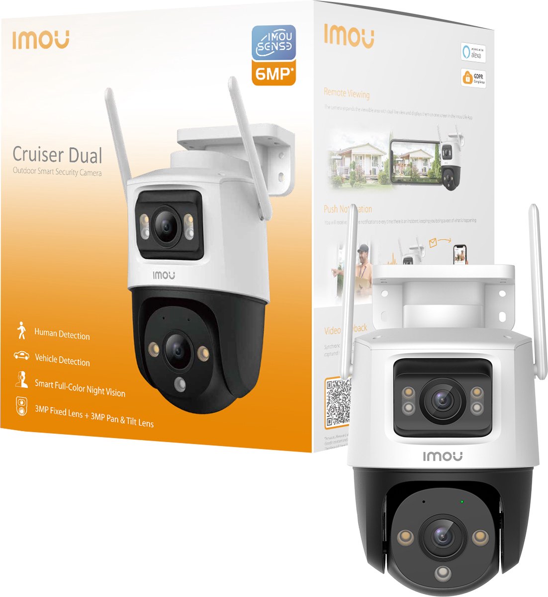 Imou cruiser dual 6mp - caméra de sécurité extérieure - blanc - caméra double objectif (2 x 3mp) - couverture 360° - détection précise des personnes et des véhicules - avec vision nocturne couleur - sirène - IP66 résistant aux intempéries