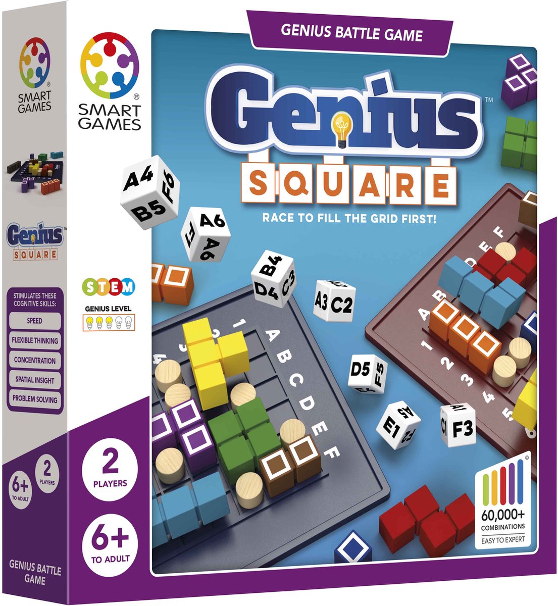 Smartgames Genius Square - jeu de réflexion stratégique rapide - plus de 62 000 combinaisons de puzzles - jeu solo 2 joueurs - à partir de 6 ans