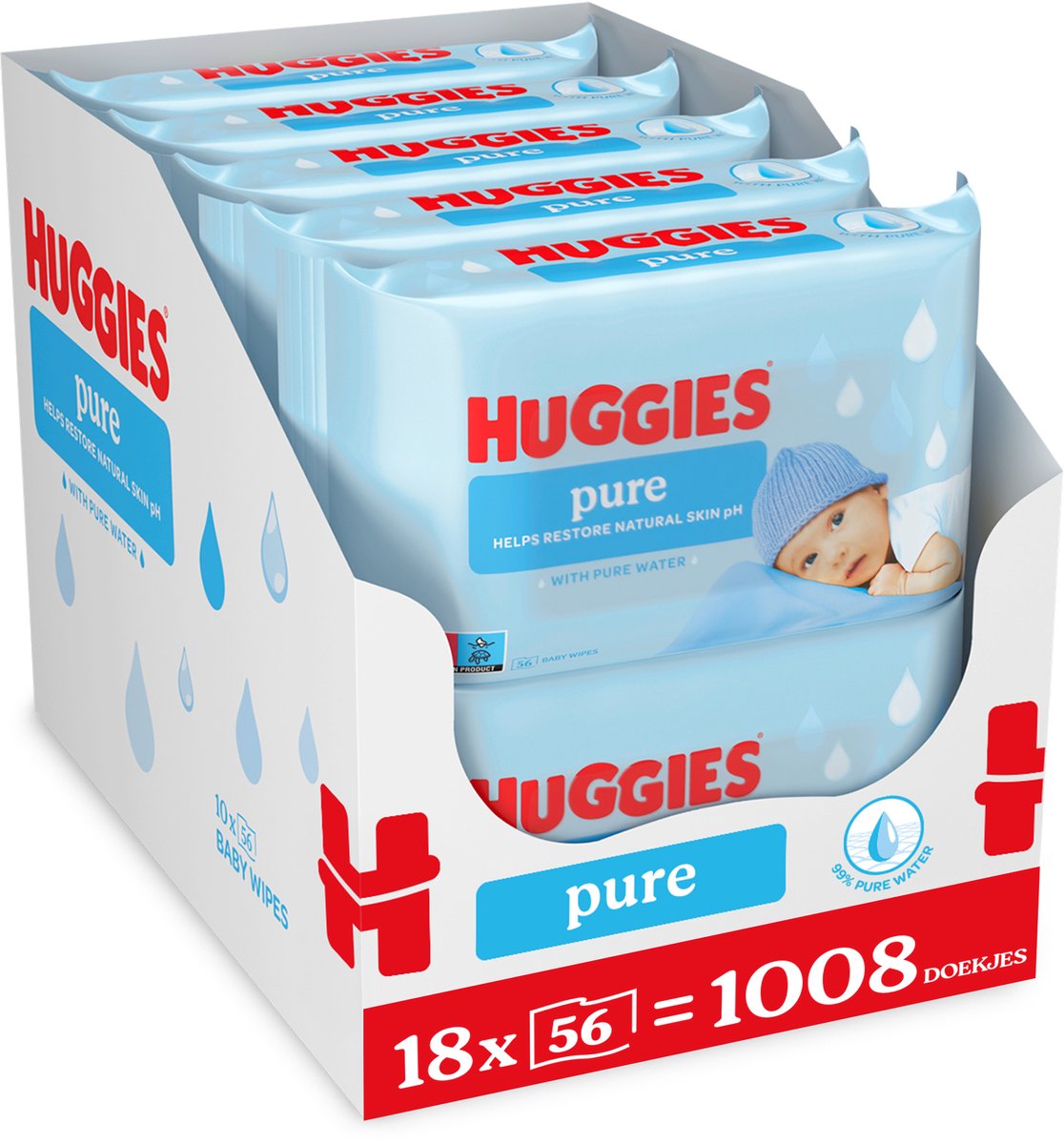 Lingettes pour bébé Huggies - eau pure à 99 % - 18 x 56 pièces - 1008 lingettes - pack économique